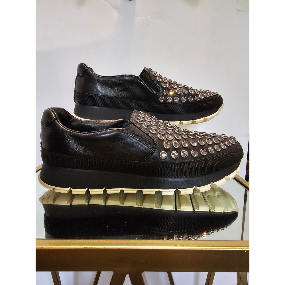 Prada 3S6018 Crystal Embellished Black Leather Slip-On Sneakers EU 40 unisex - Picture 1 of 12